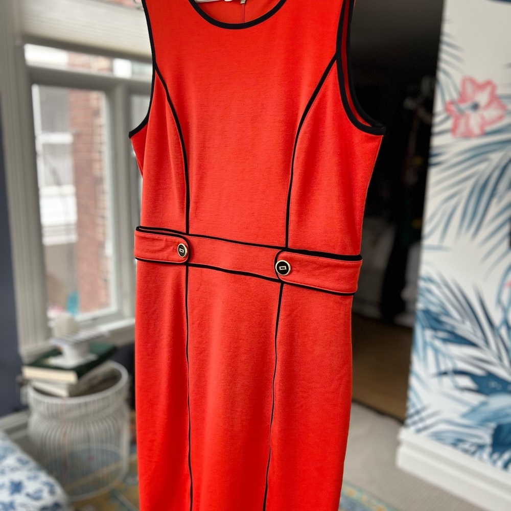 Banana Republic dress. Bright orange with blue piping. Lovely and sophisticated.